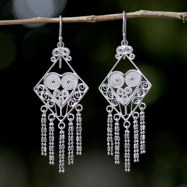Alternate image for Thai Sterling Silver Diamond Shaped Chandelier Earrings Diamond Hearts