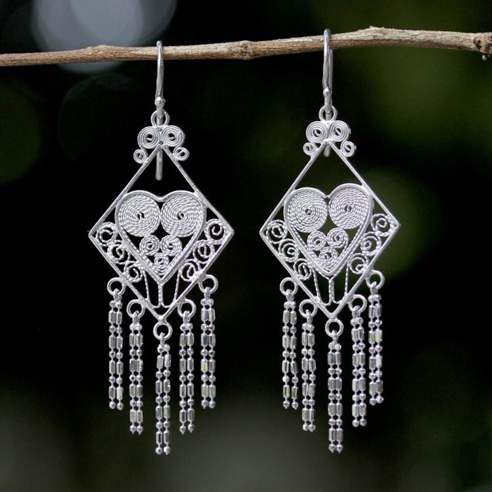 Thai Sterling Silver Diamond Shaped Chandelier Earrings 'Diamond Hearts'