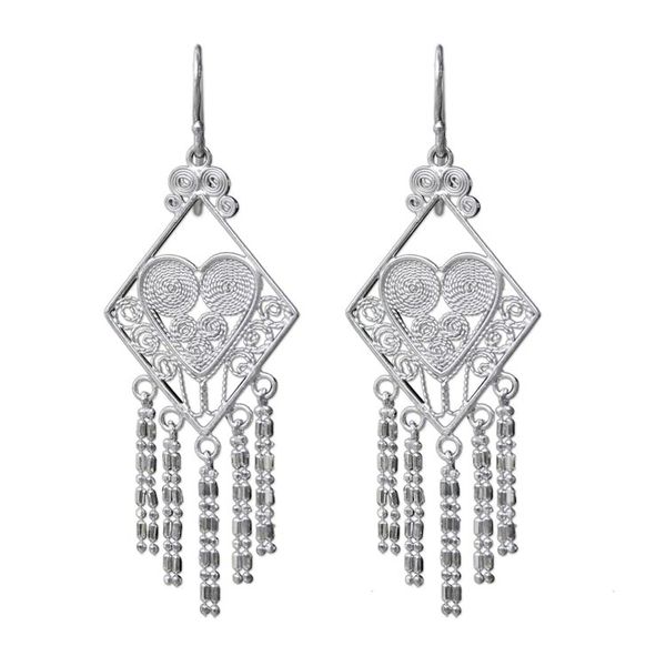 Alternate image for Thai Sterling Silver Diamond Shaped Chandelier Earrings Diamond Hearts