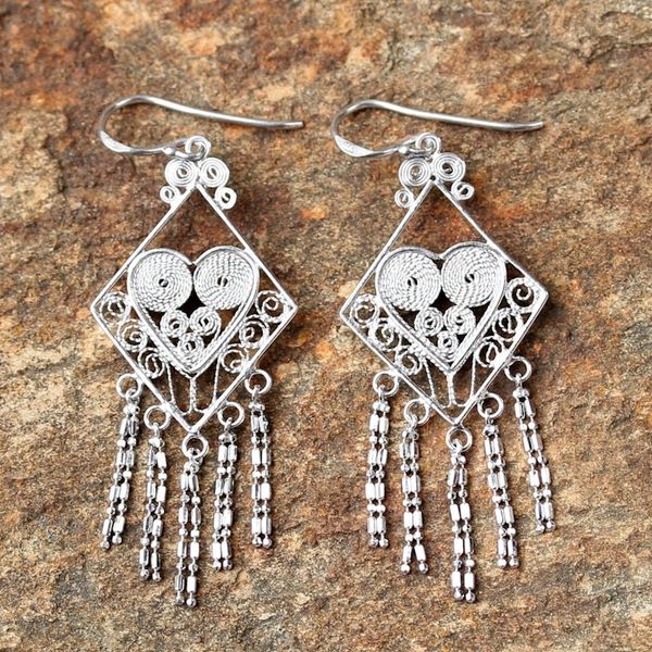 Alternate image for Thai Sterling Silver Diamond Shaped Chandelier Earrings Diamond Hearts