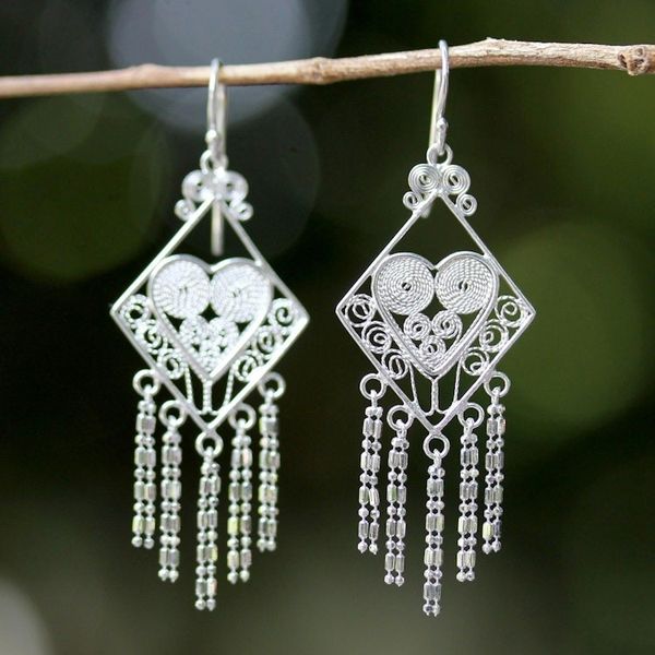 Alternate image for Thai Sterling Silver Diamond Shaped Chandelier Earrings Diamond Hearts