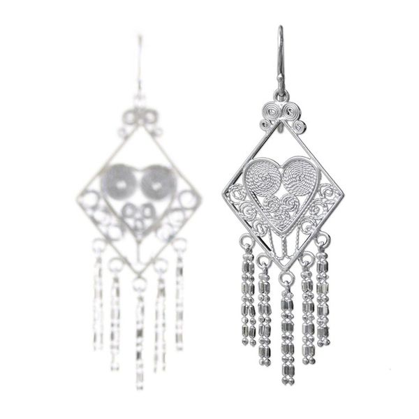 Alternate image for Thai Sterling Silver Diamond Shaped Chandelier Earrings Diamond Hearts