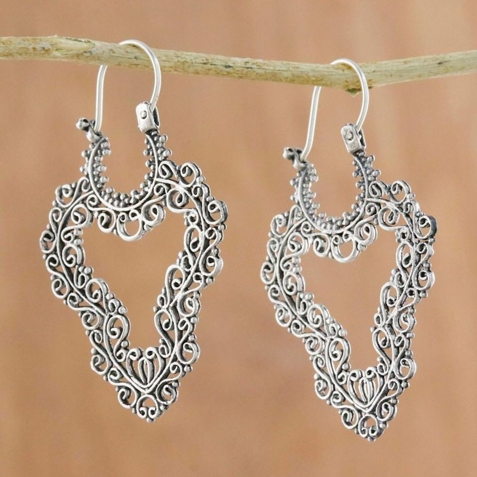Handcrafted Sterling Silver Scrollwork Heart Hoop Earrings 'Exquisite Heart'