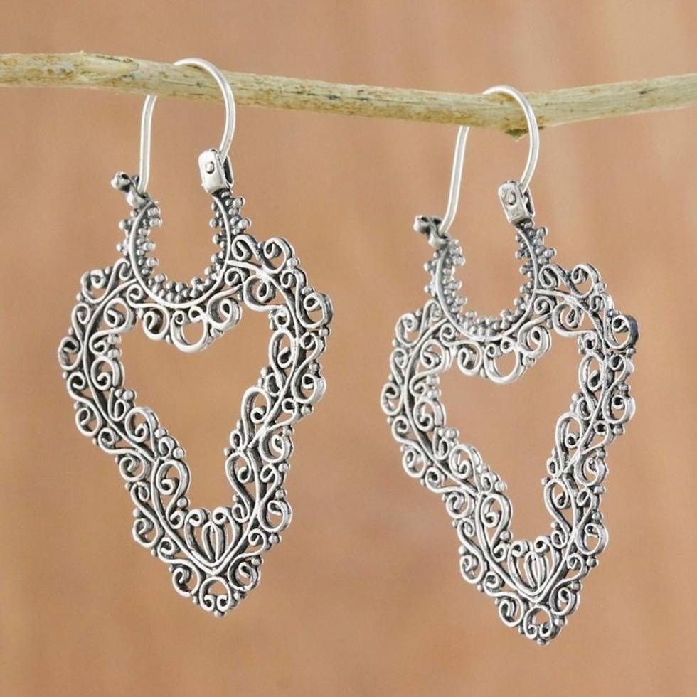 Handcrafted Sterling Silver Scrollwork Heart Hoop Earrings 'Exquisite Heart'