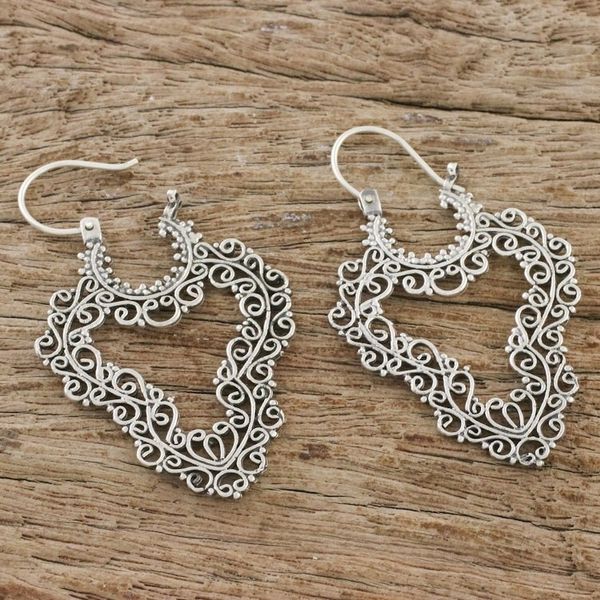 Alternate image for Handcrafted Sterling Silver Scrollwork Heart Hoop Earrings Exquisite Heart