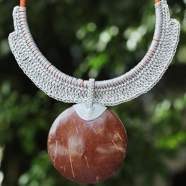 Alternate image for Thai Ivory Leather and Coconut Shell Statement Necklace Rustic Moon in Grey