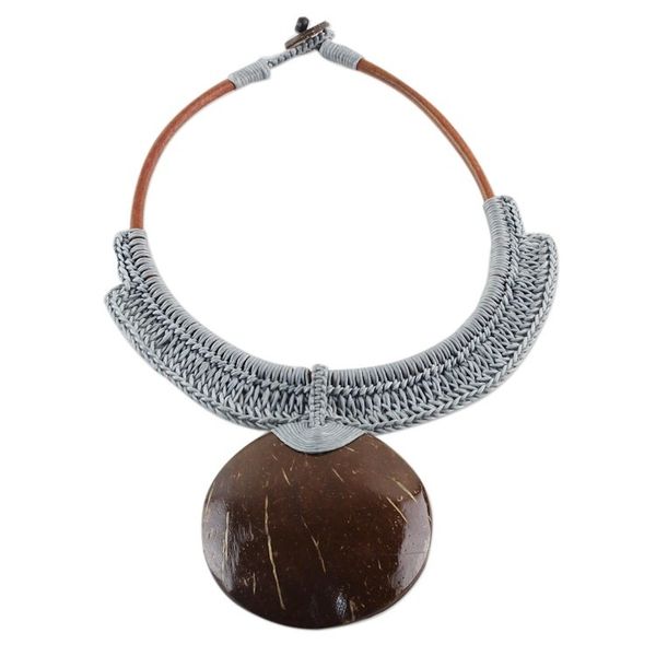 Alternate image for Thai Ivory Leather and Coconut Shell Statement Necklace Rustic Moon in Grey