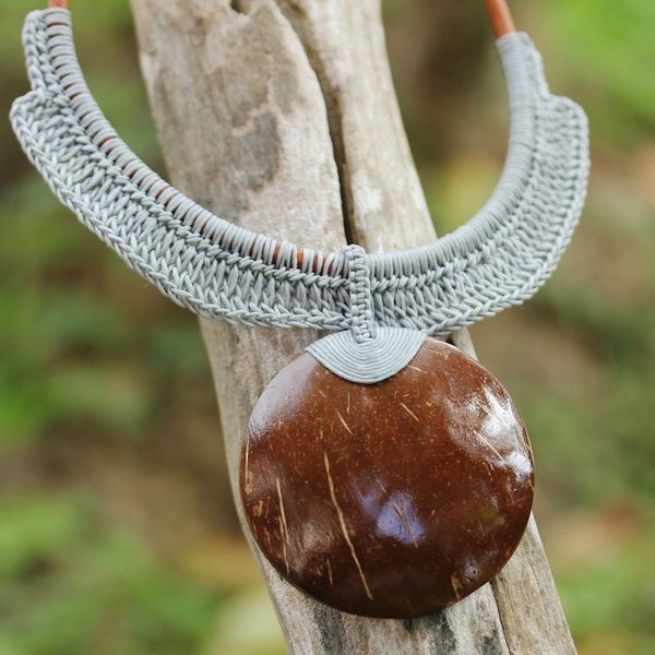 Alternate image for Thai Ivory Leather and Coconut Shell Statement Necklace Rustic Moon in Grey