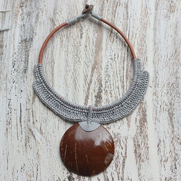 Alternate image for Thai Ivory Leather and Coconut Shell Statement Necklace Rustic Moon in Grey