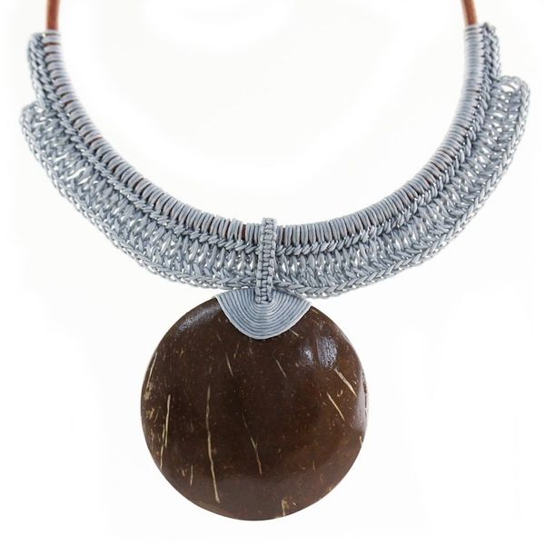 Alternate image for Thai Ivory Leather and Coconut Shell Statement Necklace Rustic Moon in Grey
