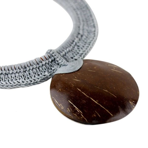 Alternate image for Thai Ivory Leather and Coconut Shell Statement Necklace Rustic Moon in Grey