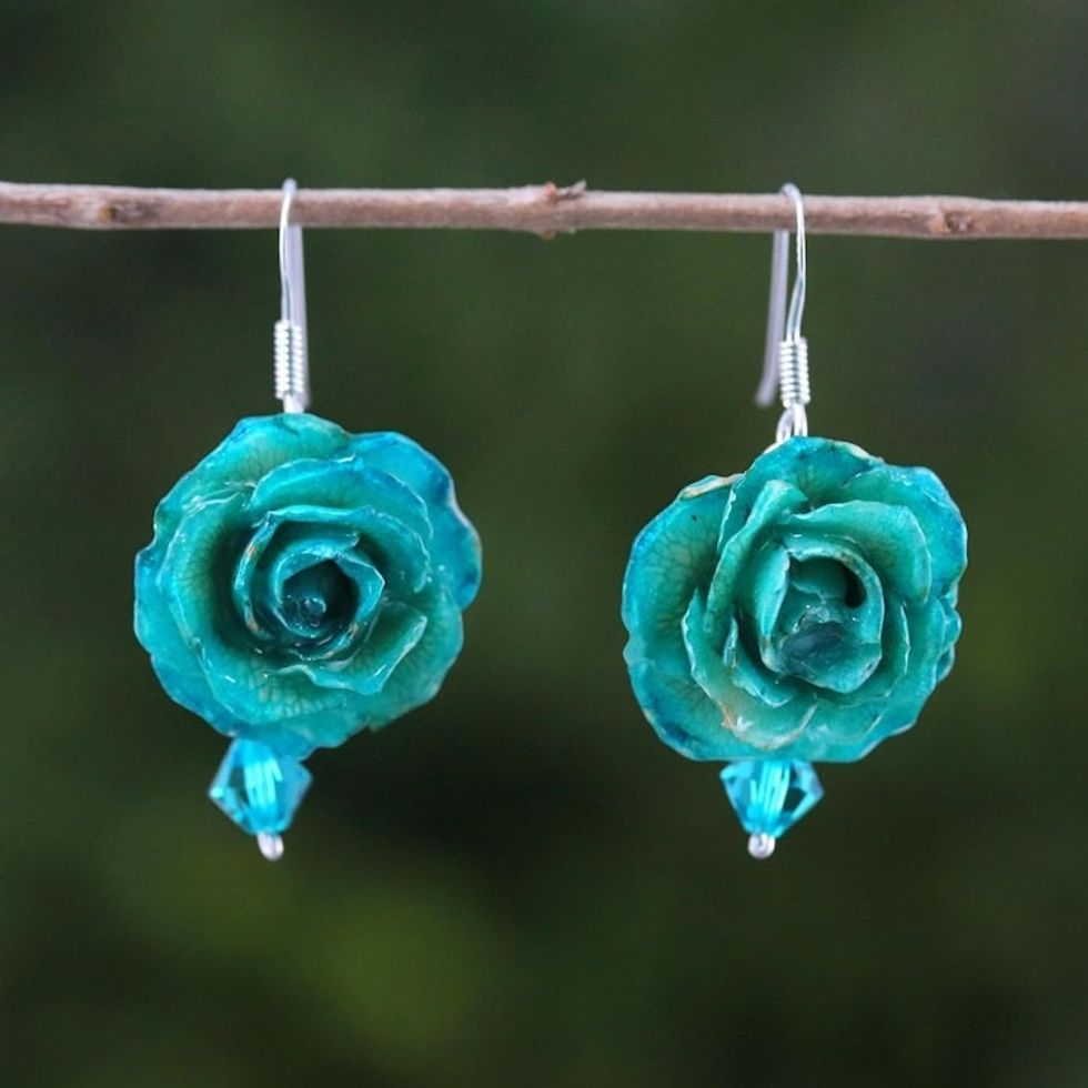 Natural Rose Dangle Earrings in Green from Thailand 'Floral Temptation in Green'