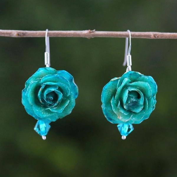 Alternate image for Natural Rose Dangle Earrings in Green from Thailand Floral Temptation in Green