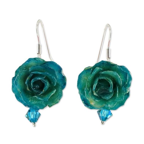 Alternate image for Natural Rose Dangle Earrings in Green from Thailand Floral Temptation in Green