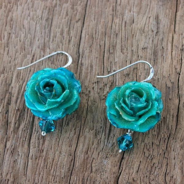 Alternate image for Natural Rose Dangle Earrings in Green from Thailand Floral Temptation in Green