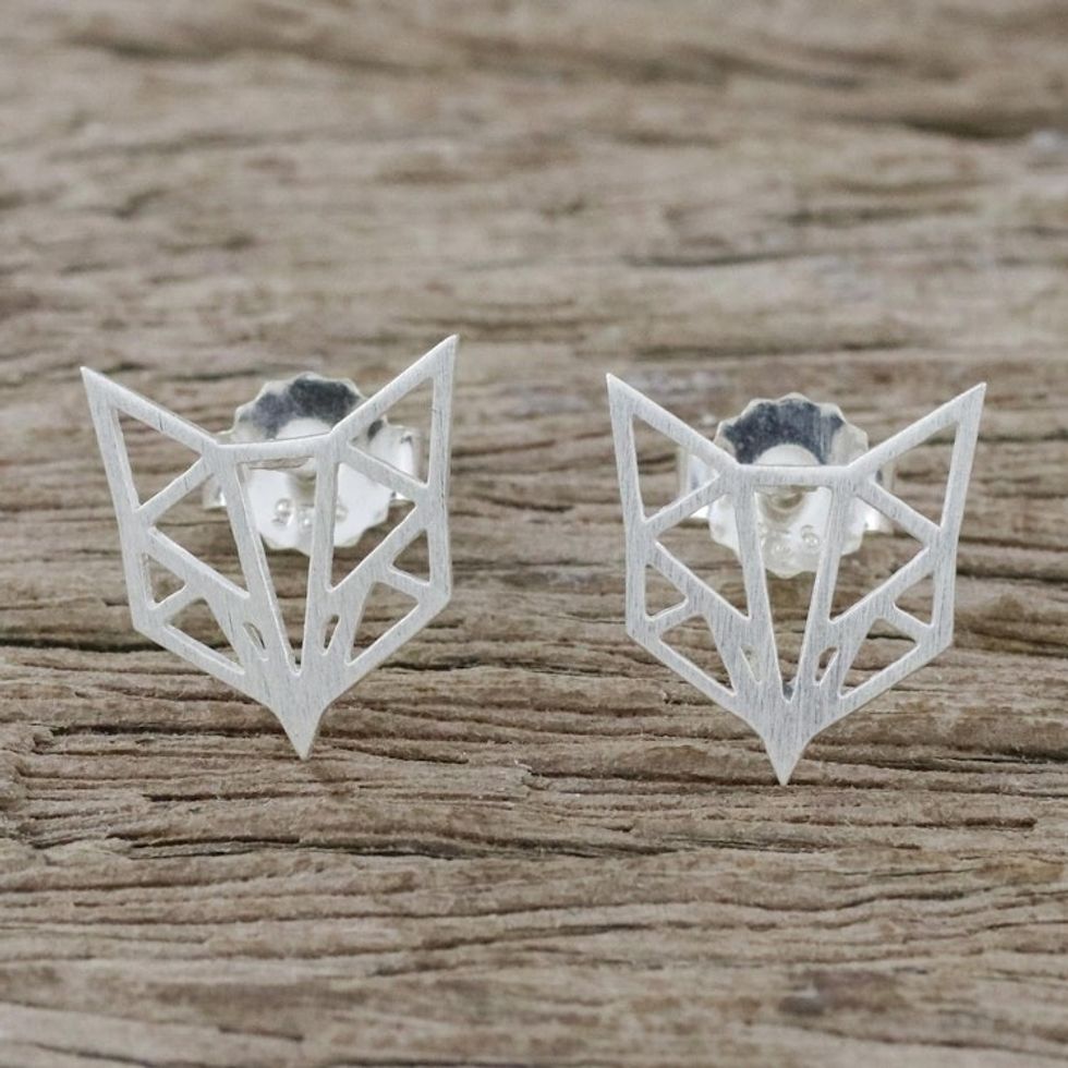 Handmade Fox Stud Earrings 925 Sterling Silver Thailand 'Fox Face'