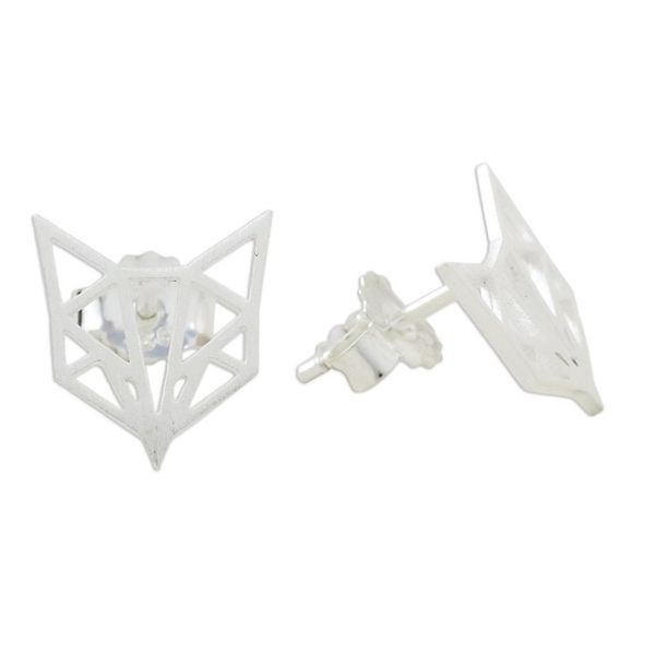 Alternate image for Handmade Fox Stud Earrings 925 Sterling Silver Thailand Fox Face