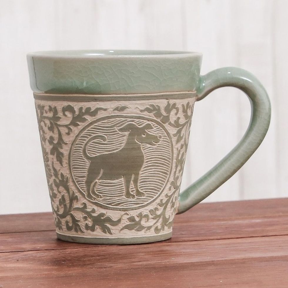 Celadon Glazed Ceramic Mug with Dog from Thailand 'Thai Zodiac Dog'