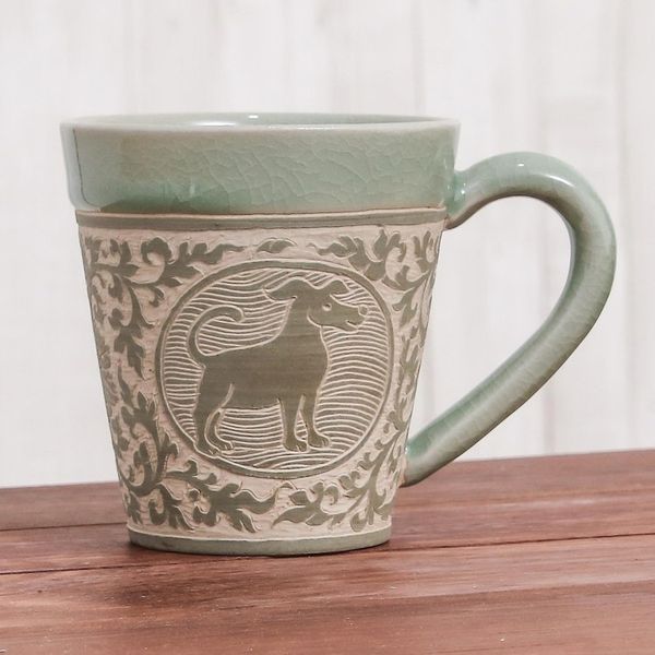 Alternate image for Celadon Glazed Ceramic Mug with Dog from Thailand Thai Zodiac Dog