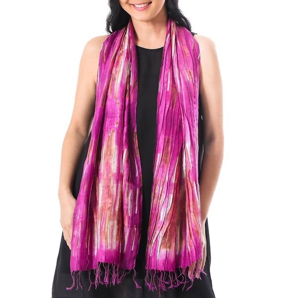 Alternate image for Handwoven Tie-Dyed Silk Scarf in Fuchsia from Thailand Lovely Magic in Fuchsia