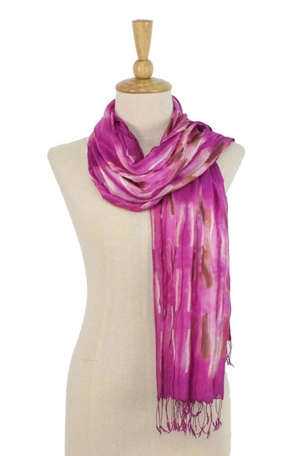 Alternate image for Handwoven Tie-Dyed Silk Scarf in Fuchsia from Thailand Lovely Magic in Fuchsia