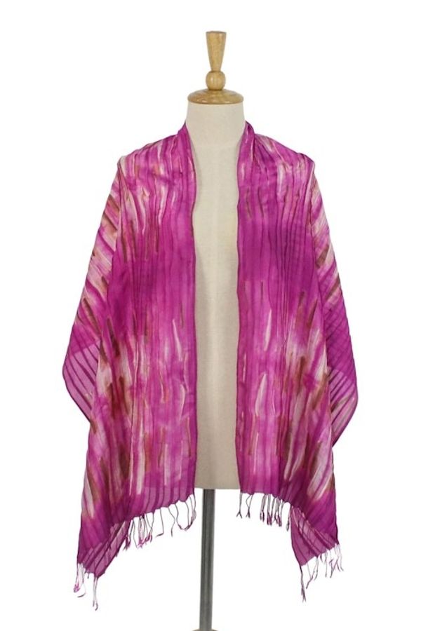 Alternate image for Handwoven Tie-Dyed Silk Scarf in Fuchsia from Thailand Lovely Magic in Fuchsia