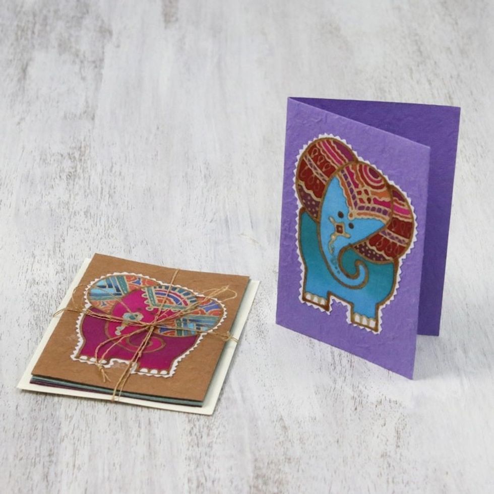 Four Batik Elephant-Themed Greeting Cards from Thailand 'Wonderful Elephants'