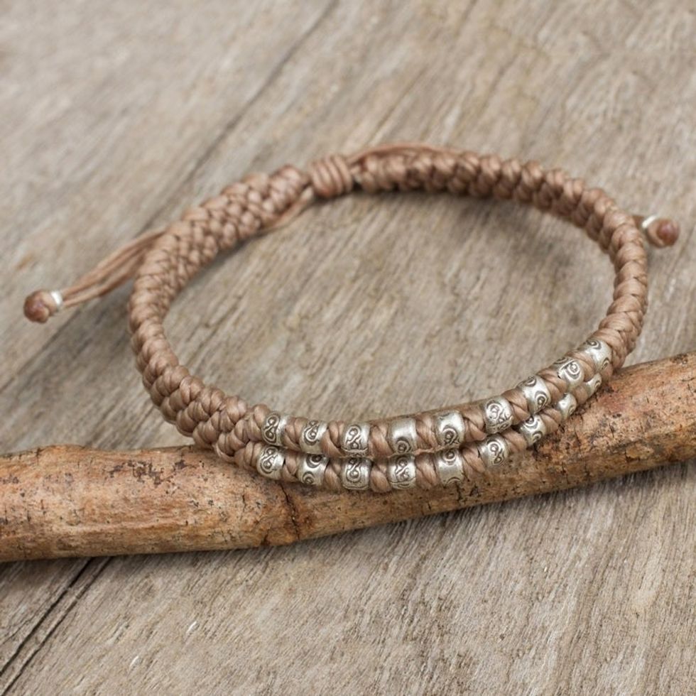 Hill Tribe Silver on a Thai Hand Knotted Wristband Bracelet 'Khaki Infinity Twins'