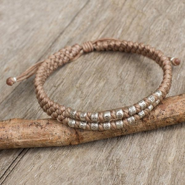 Alternate image for Hill Tribe Silver on a Thai Hand Knotted Wristband Bracelet Khaki Infinity Twins