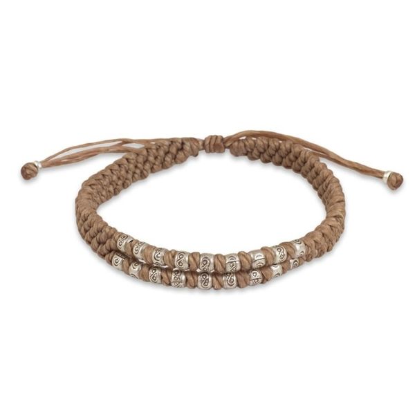 Alternate image for Hill Tribe Silver on a Thai Hand Knotted Wristband Bracelet Khaki Infinity Twins