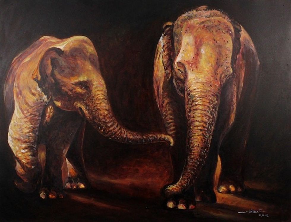 Signed Stretched Impressionist Painting of Two Elephants 'Let's Play'
