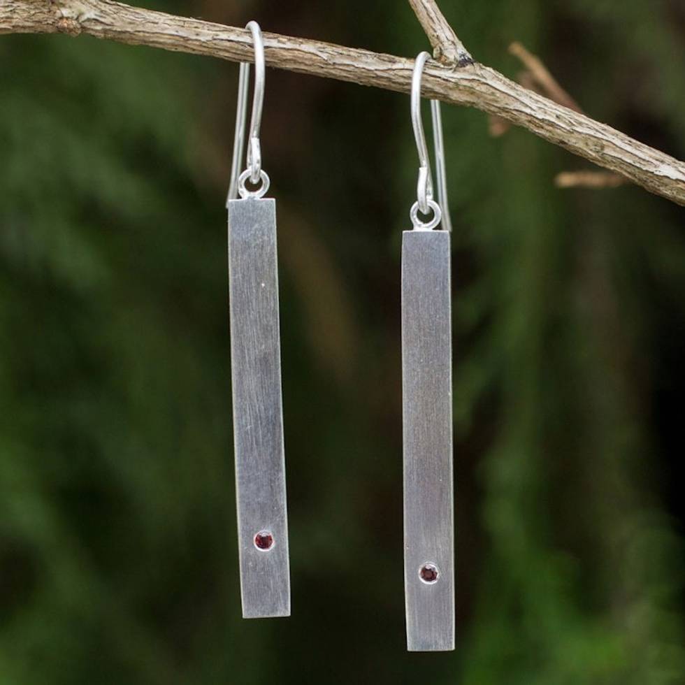 Contemporary Brushed Silver Earrings with Genuine Garnets 'Simple Devotion'