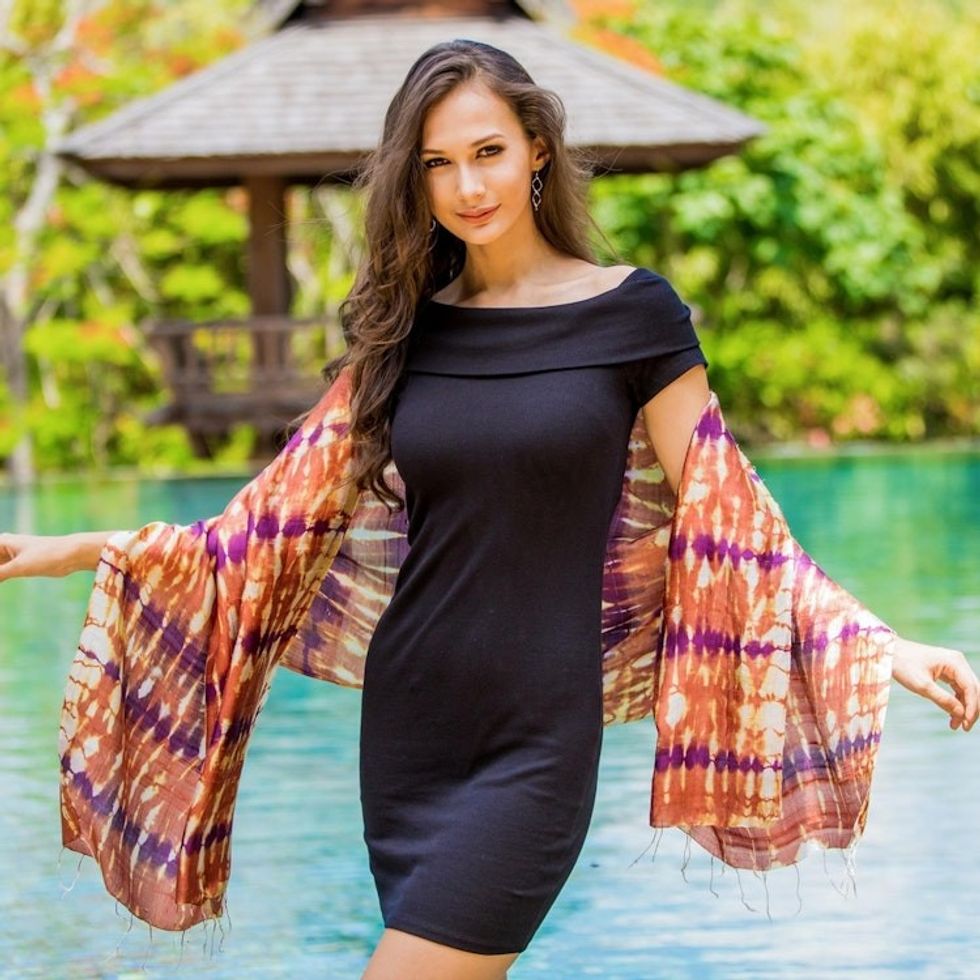 Hand Woven Tie Dye Silk Shawl in Pumpkin and Purple Thailand 'River Sands'