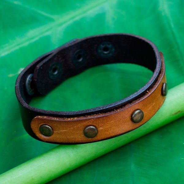 Alternate image for Handmade Brown Leather Bracelet with Brass Studs Exotic Rustic