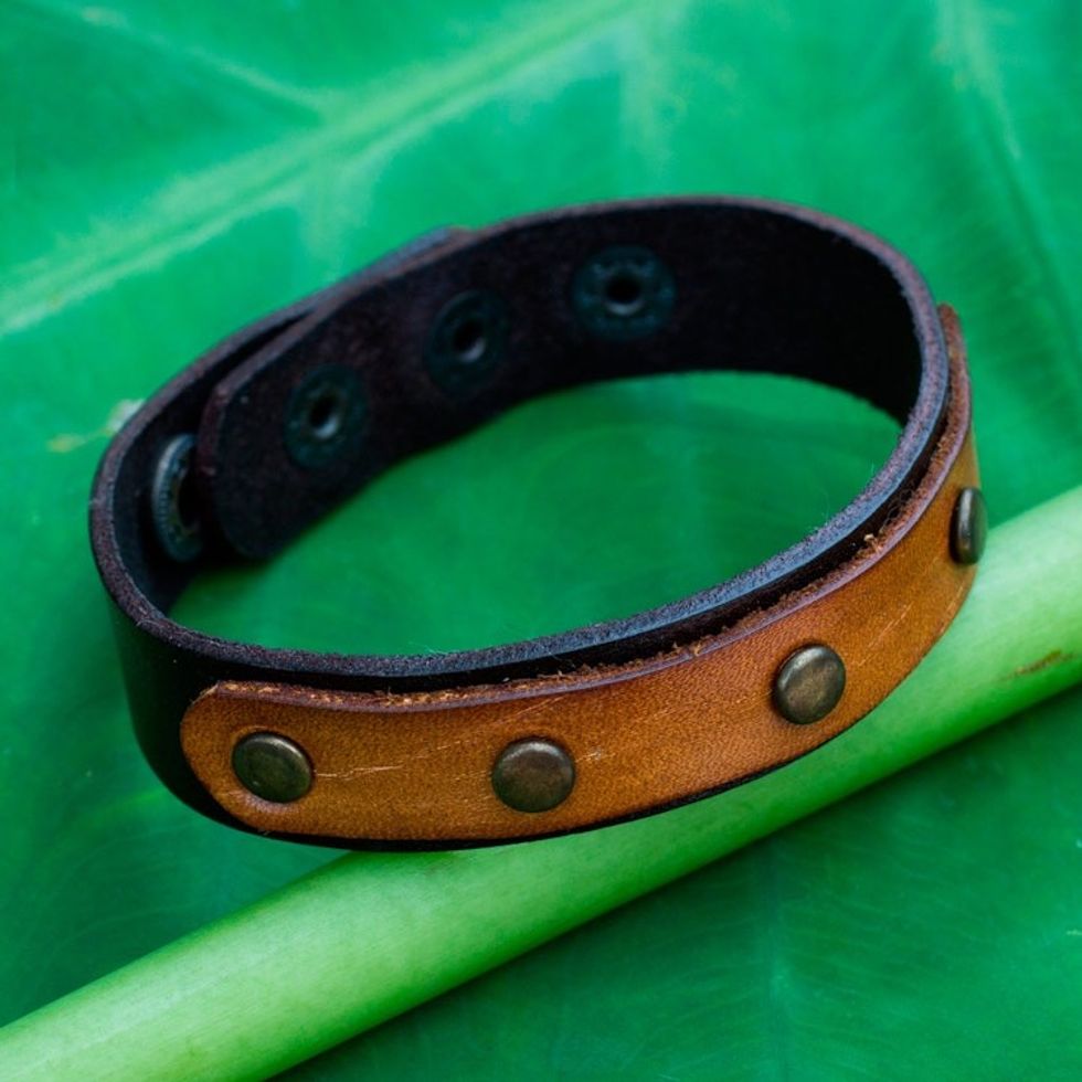 Handmade Brown Leather Bracelet with Brass Studs 'Exotic Rustic'