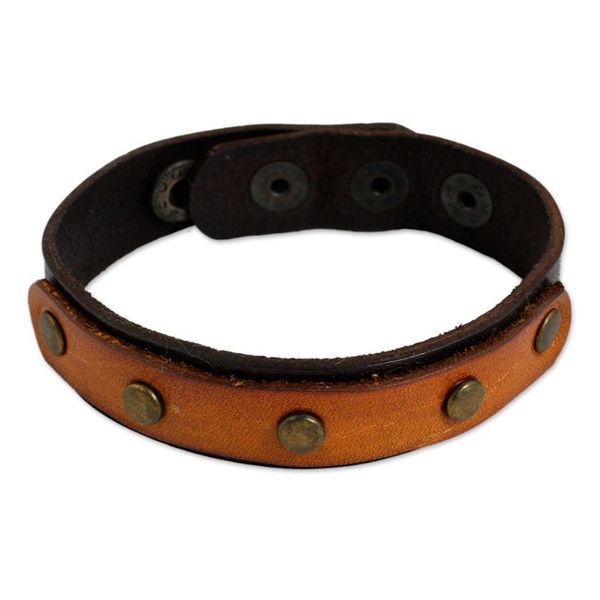 Alternate image for Handmade Brown Leather Bracelet with Brass Studs Exotic Rustic