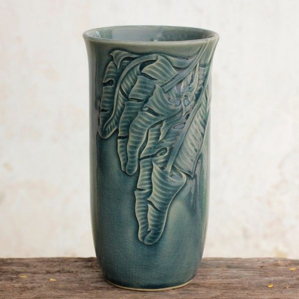 Alternate image for Blue Celadon Ceramic Vase Handcrafted in Thailand Blue Banana Leaves