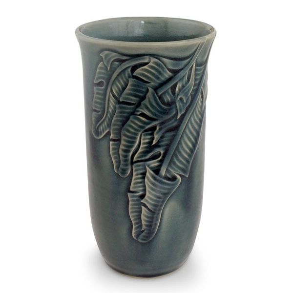 Alternate image for Blue Celadon Ceramic Vase Handcrafted in Thailand Blue Banana Leaves
