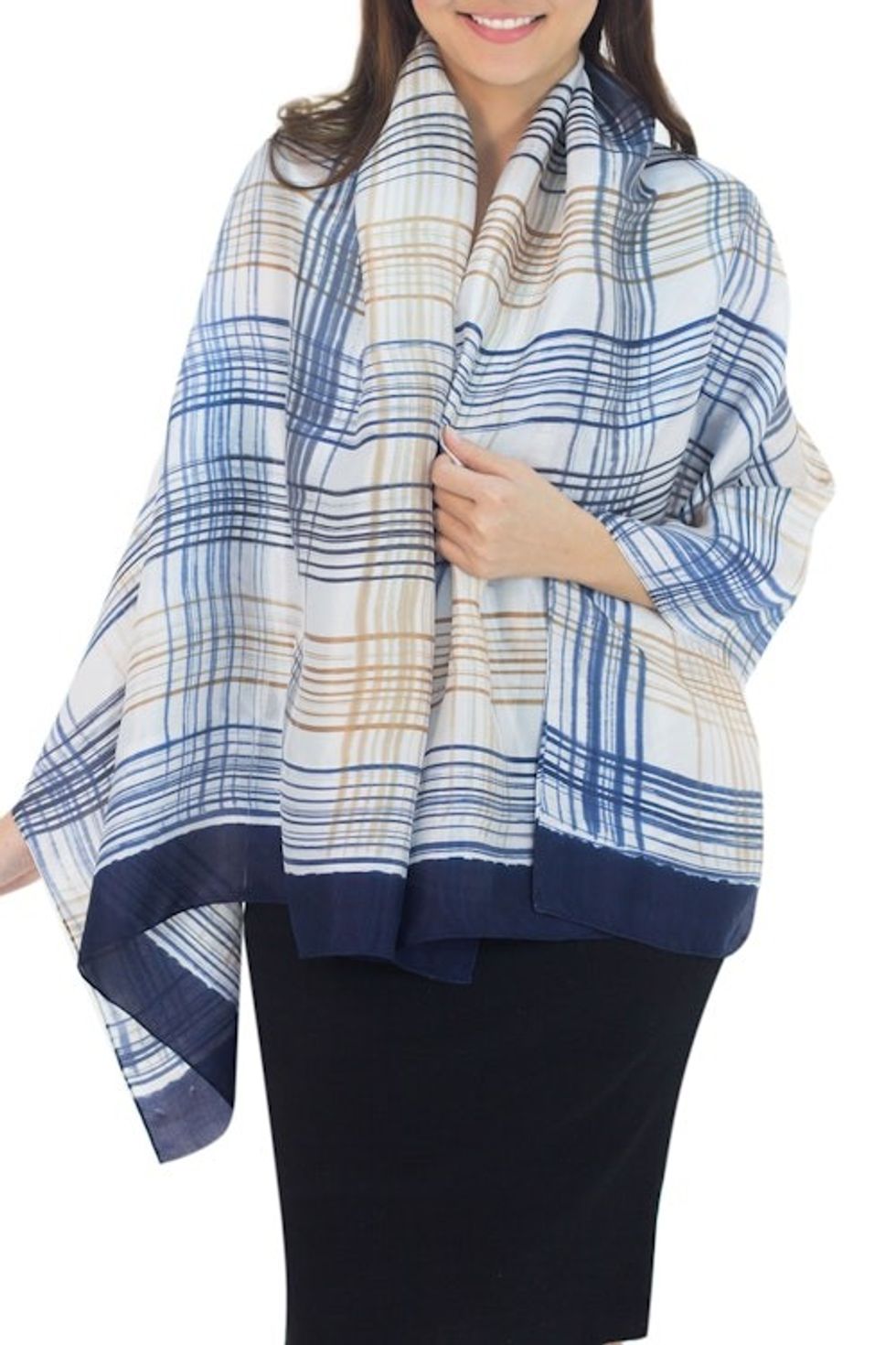 Thai Silk Blend Batik Shawl in Blue and Brown 'Blue Plaid Song'
