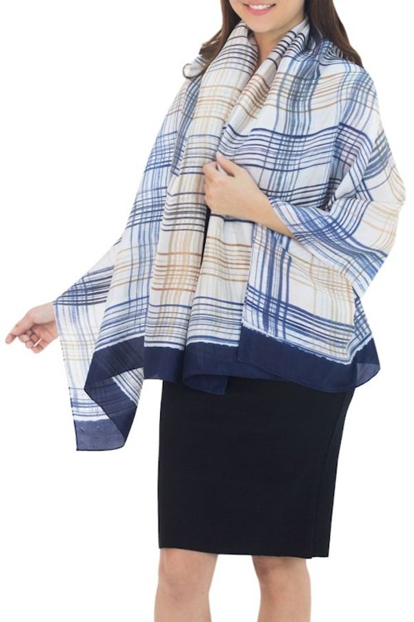 Alternate image for Thai Silk Blend Batik Shawl in Blue and Brown Blue Plaid Song