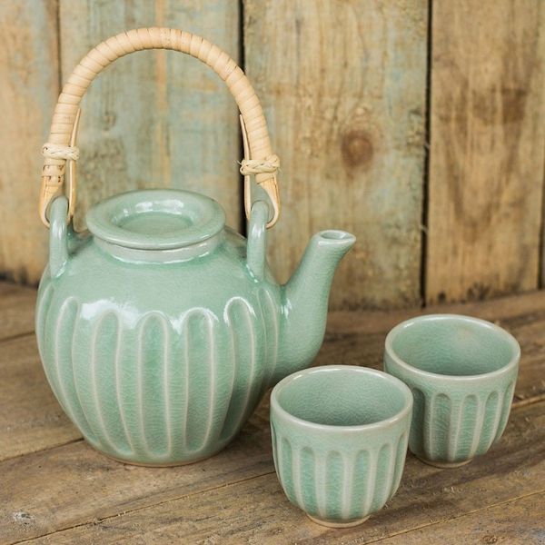 Alternate image for Handmade Thai Ceramic Tea Set in Green Celadon Set for 2 Thai Jade