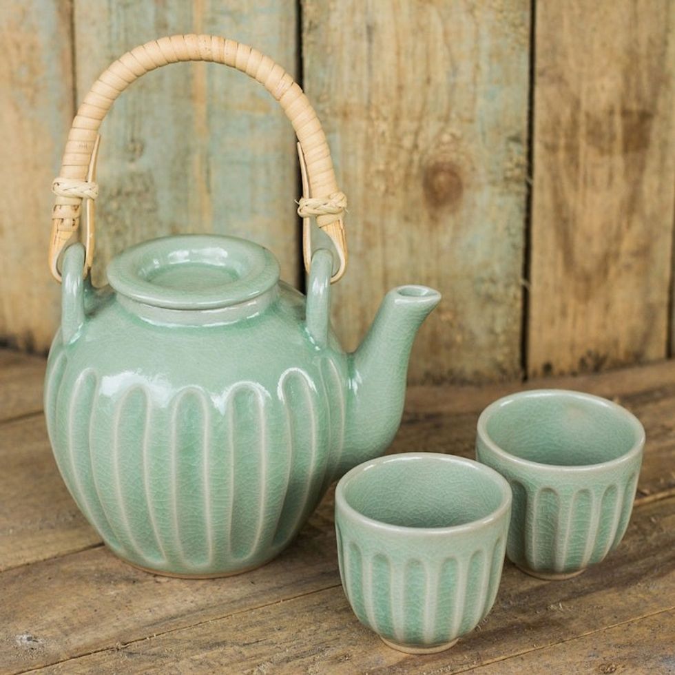Handmade Thai Ceramic Tea Set in Green Celadon Set for 2 'Thai Jade'