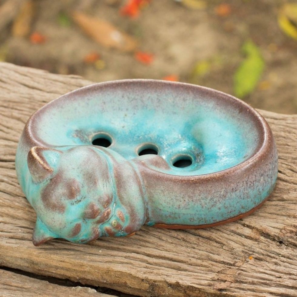 Handmade Turquoise Ceramic Cat Soap Dish from Thailand 'Turquoise Napping Kitty'