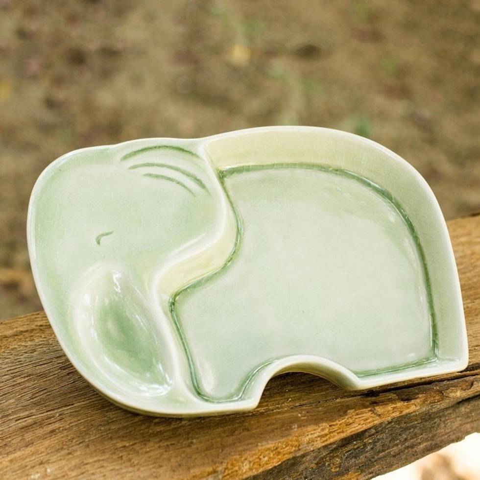 Whimsical Elephant Theme Handmade Celadon Plate 'Happy Green Elephant'