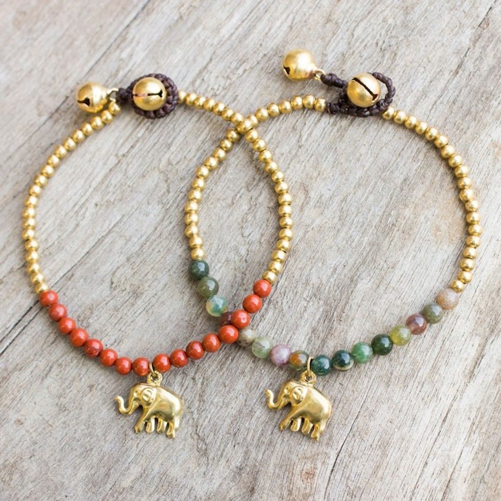 Jasper and Elephant Charm on Pair of Brass Beaded Bracelets 'Stylish Elephants'