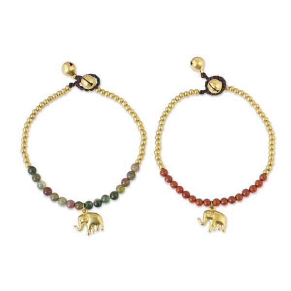 Alternate image for Jasper and Elephant Charm on Pair of Brass Beaded Bracelets Stylish Elephants