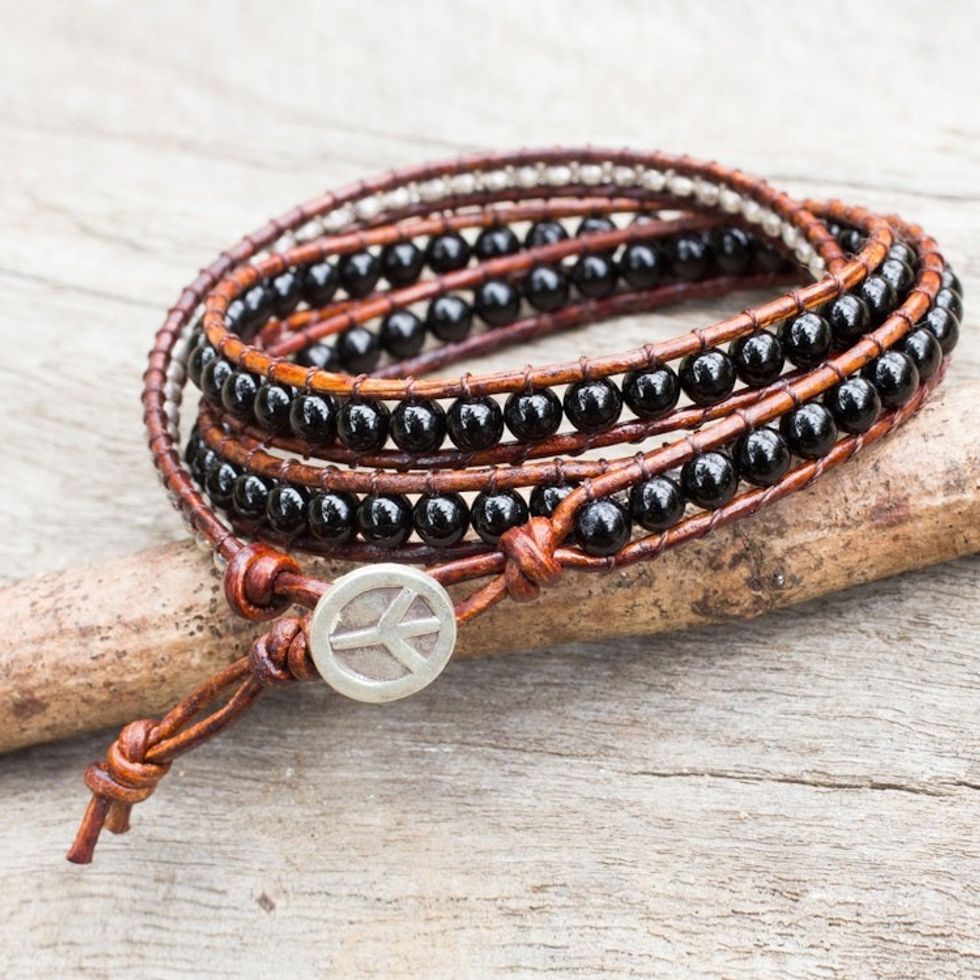 Onyx Beads on Brown Leather Wrap Bracelet from Thailand 'Hill Tribe Boheme'