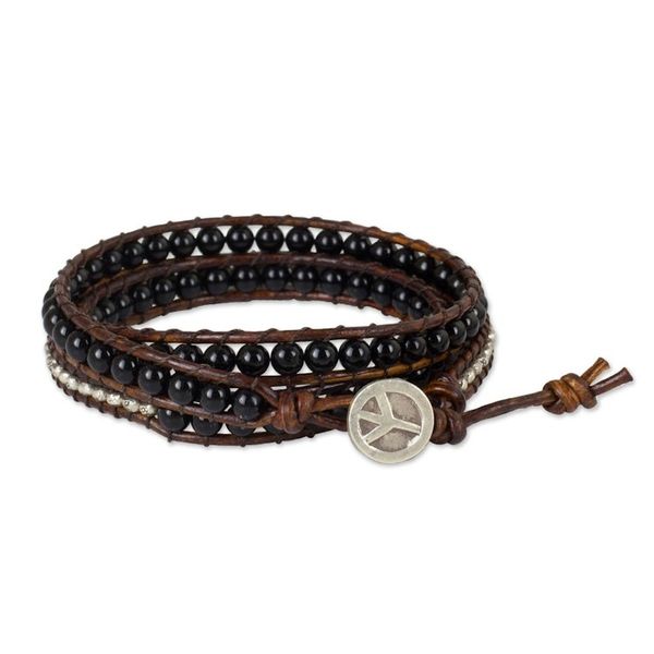 Alternate image for Onyx Beads on Brown Leather Wrap Bracelet from Thailand Hill Tribe Boheme