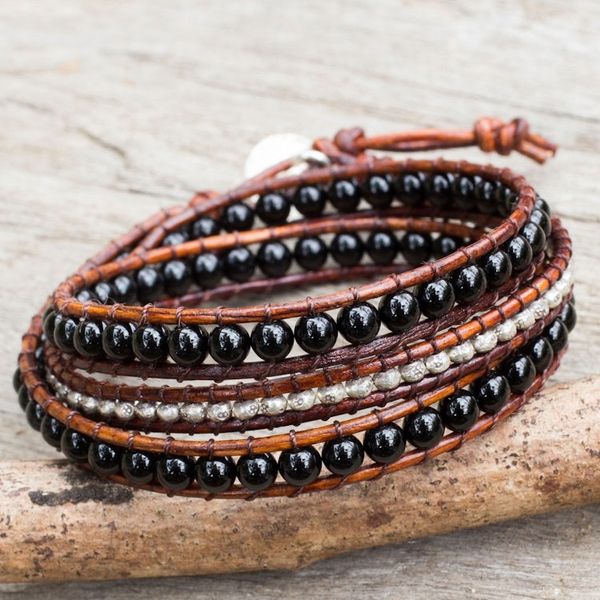 Alternate image for Onyx Beads on Brown Leather Wrap Bracelet from Thailand Hill Tribe Boheme