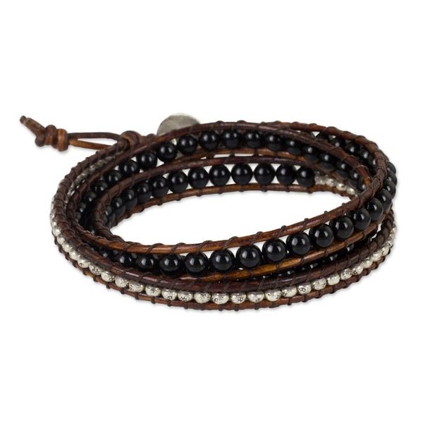 Alternate image for Onyx Beads on Brown Leather Wrap Bracelet from Thailand Hill Tribe Boheme